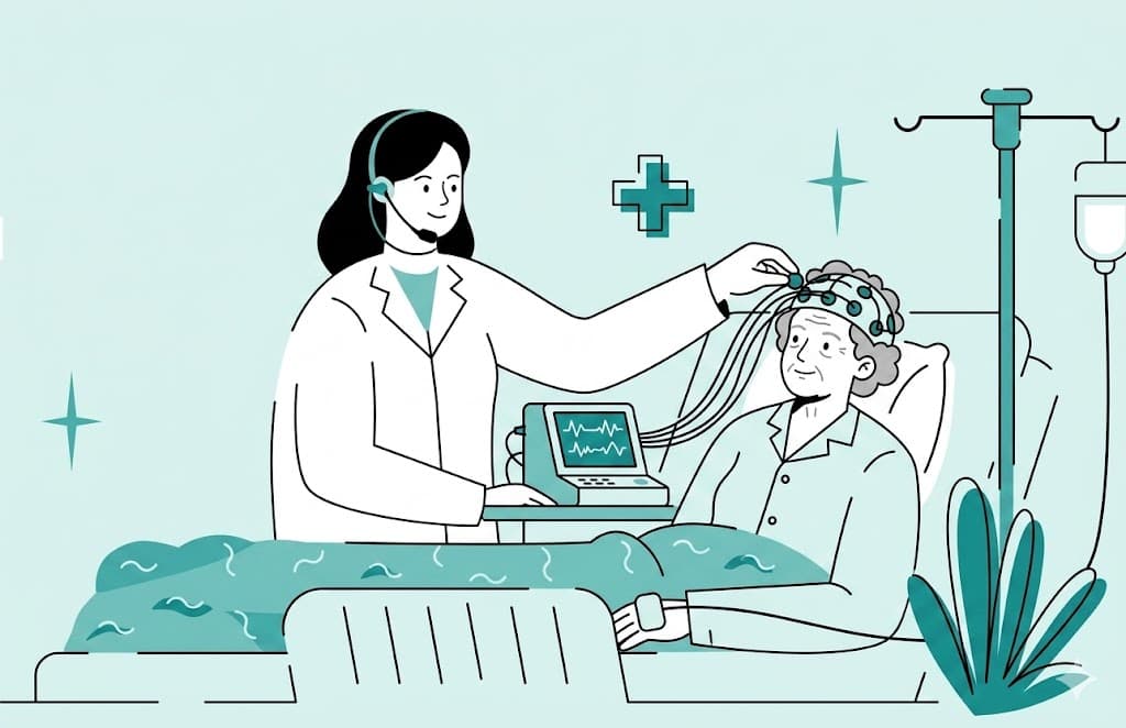Doctor conducting EEG assessment on elderly patient